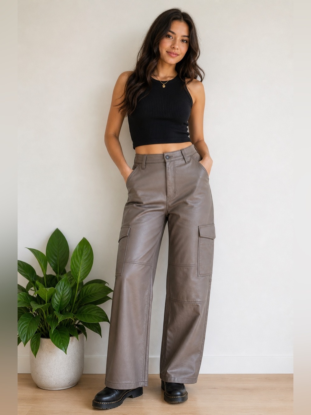 Abercrombie & Fitch Taupe Wide-Leg Cargo Leather Pants
